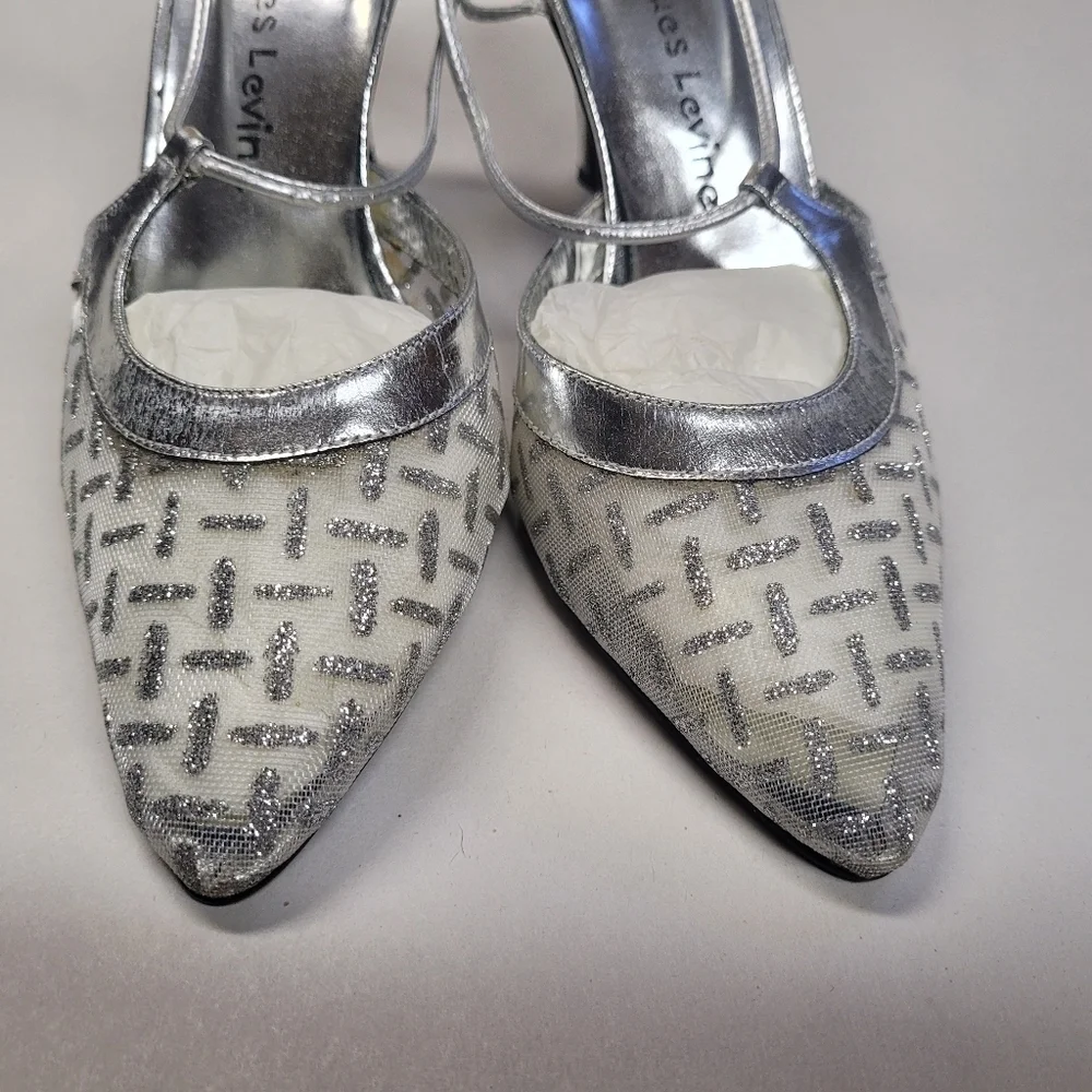 VINTAGE 90's Jacques Levine Silver Sheer Rhythm Kitten Heel Slingback Size 6 1/2